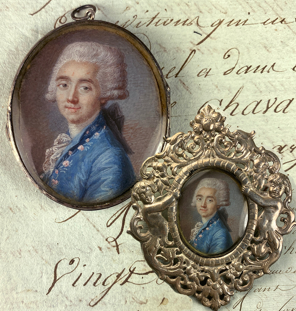 Fine 18th Century French Portrait Miniature in Silver Locket, outer Cast Silver Ornate Frame