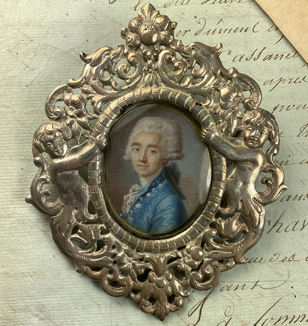 Fine 18th Century French Portrait Miniature in Silver Locket, outer Cast Silver Ornate Frame