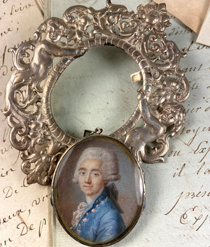 Fine 18th Century French Portrait Miniature in Silver Locket, outer Cast Silver Ornate Frame