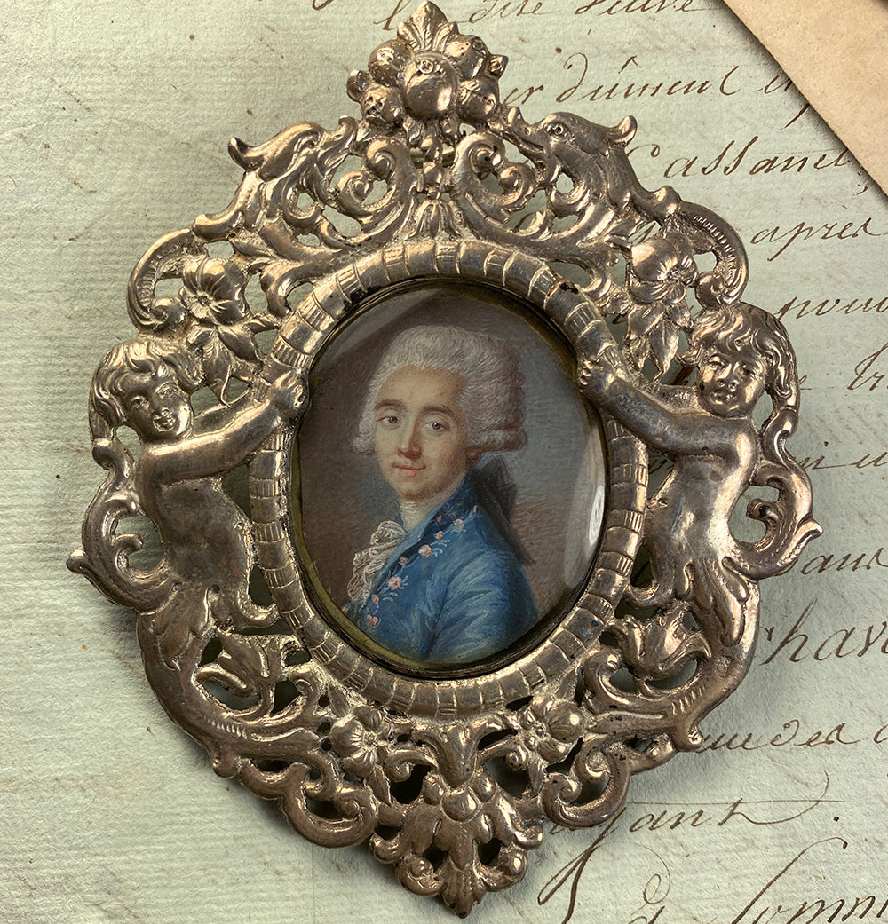 Fine 18th Century French Portrait Miniature in Silver Locket, outer Cast Silver Ornate Frame