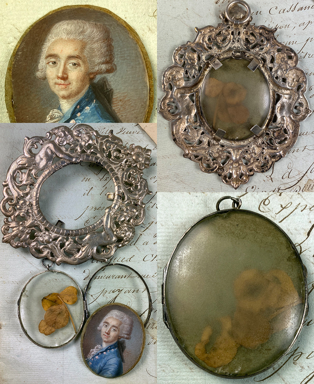 Fine 18th Century French Portrait Miniature in Silver Locket, outer Cast Silver Ornate Frame