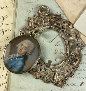 Fine 18th Century French Portrait Miniature in Silver Locket, outer Cast Silver Ornate Frame