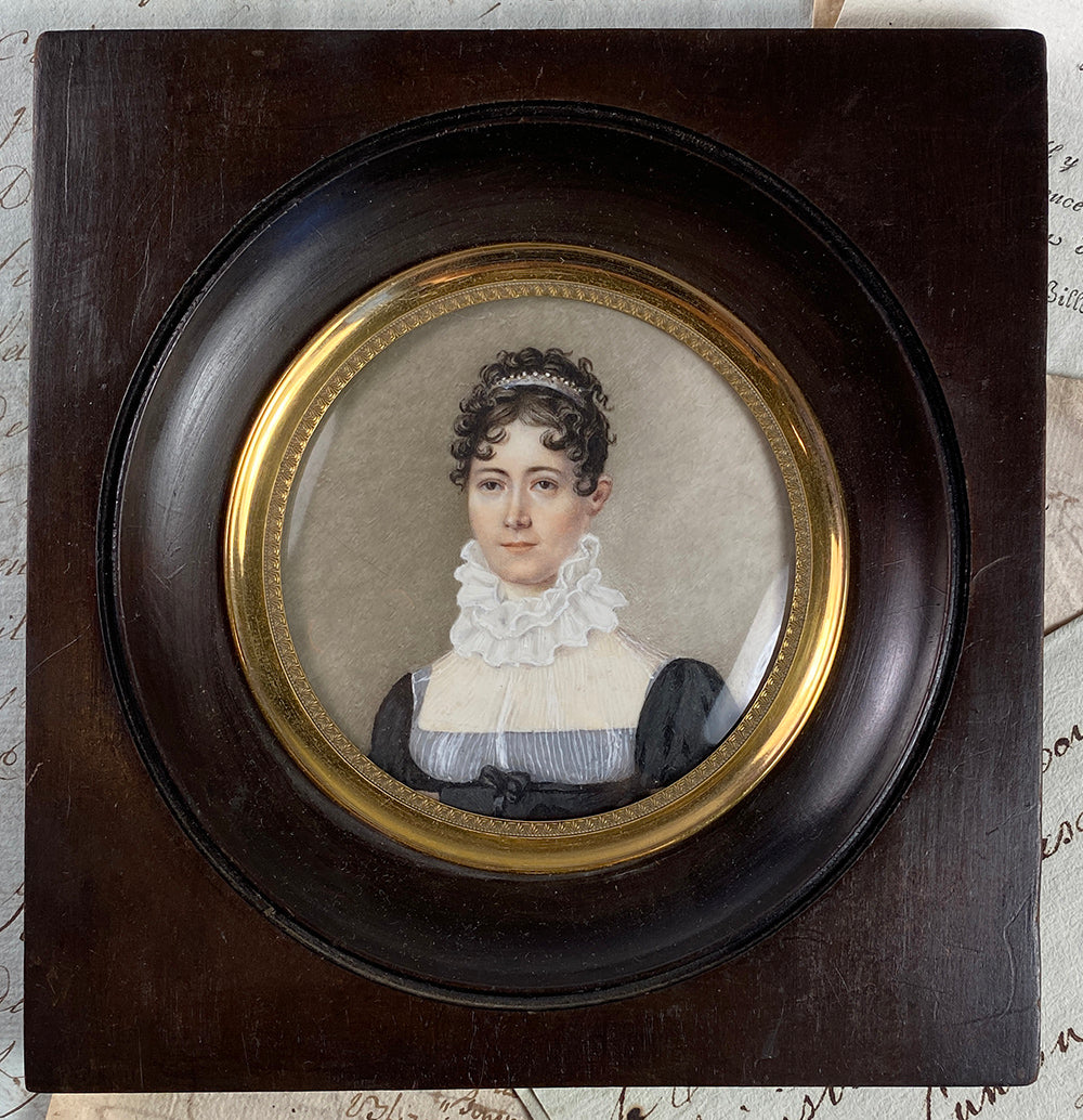 Antique Swiss or French Empire to c.1820 Portrait Miniature, a Beauty with Seed Pearl Tiara