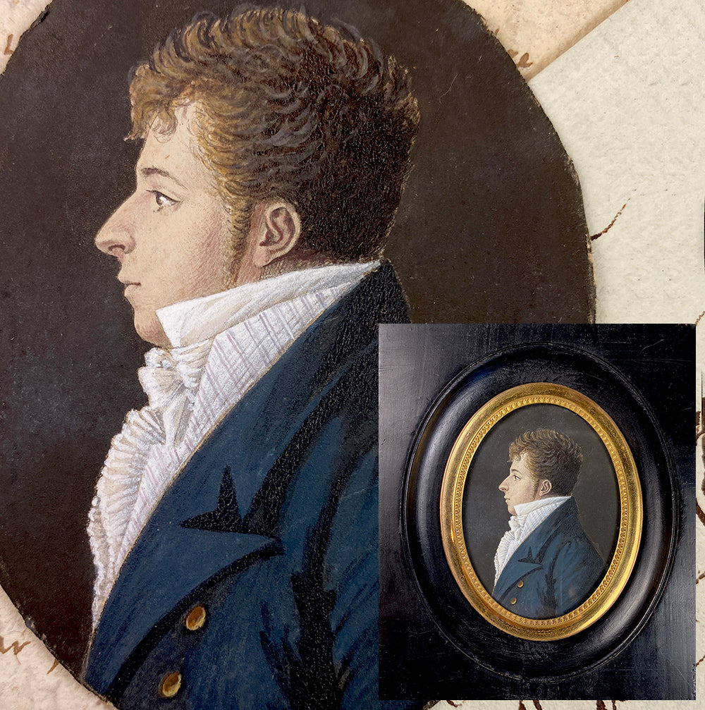Elegant Antique French Portrait Miniature of a Very Handsome Young Noble, Man, Profile