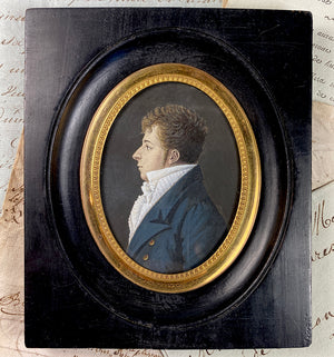 Elegant Antique French Portrait Miniature of a Very Handsome Young Noble, Man, Profile