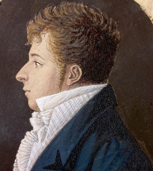 Elegant Antique French Portrait Miniature of a Very Handsome Young Noble, Man, Profile