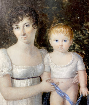 Fine Antique French Empire Portrait Miniature, Countess de Montenay and Baby Son, Child, 1815