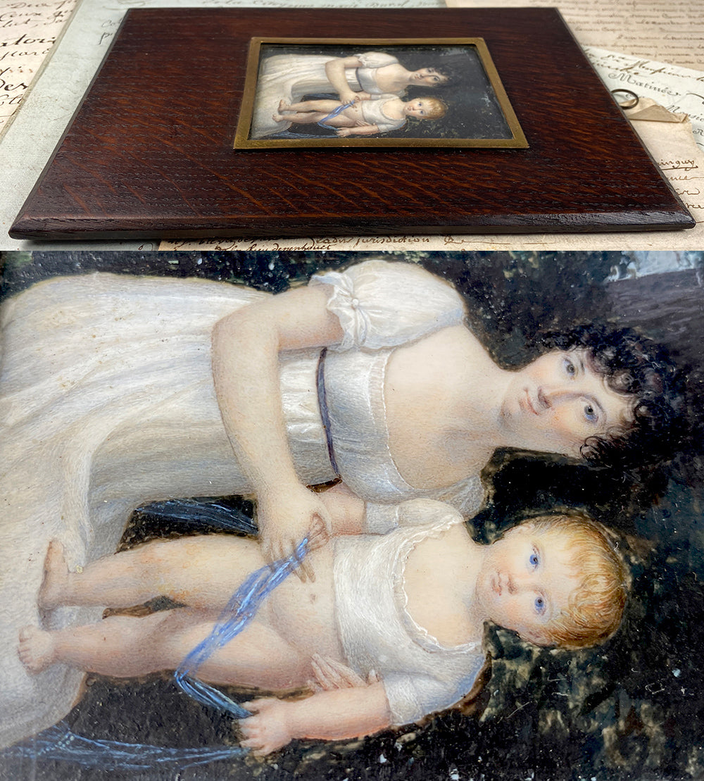 Fine Antique French Empire Portrait Miniature, Countess de Montenay and Baby Son, Child, 1815