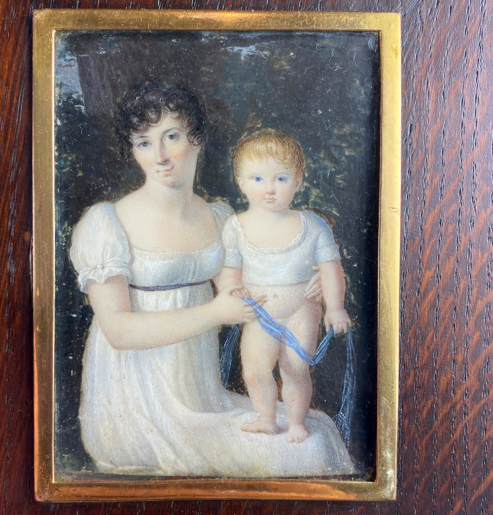 Fine Antique French Empire Portrait Miniature, Countess de Montenay and Baby Son, Child, 1815