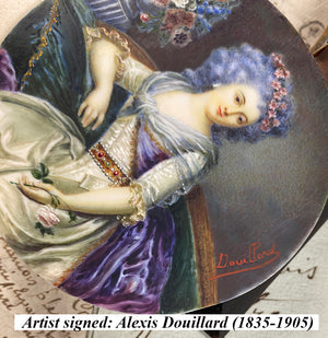 Antique Grand Tour Souvenir French Portrait Miniature, Signed Alexis Douillard (1835-1905)