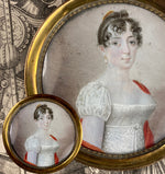 Antique French c. 1790-1810 Portrait Miniature, Beauty with Red Guillotine Shawl