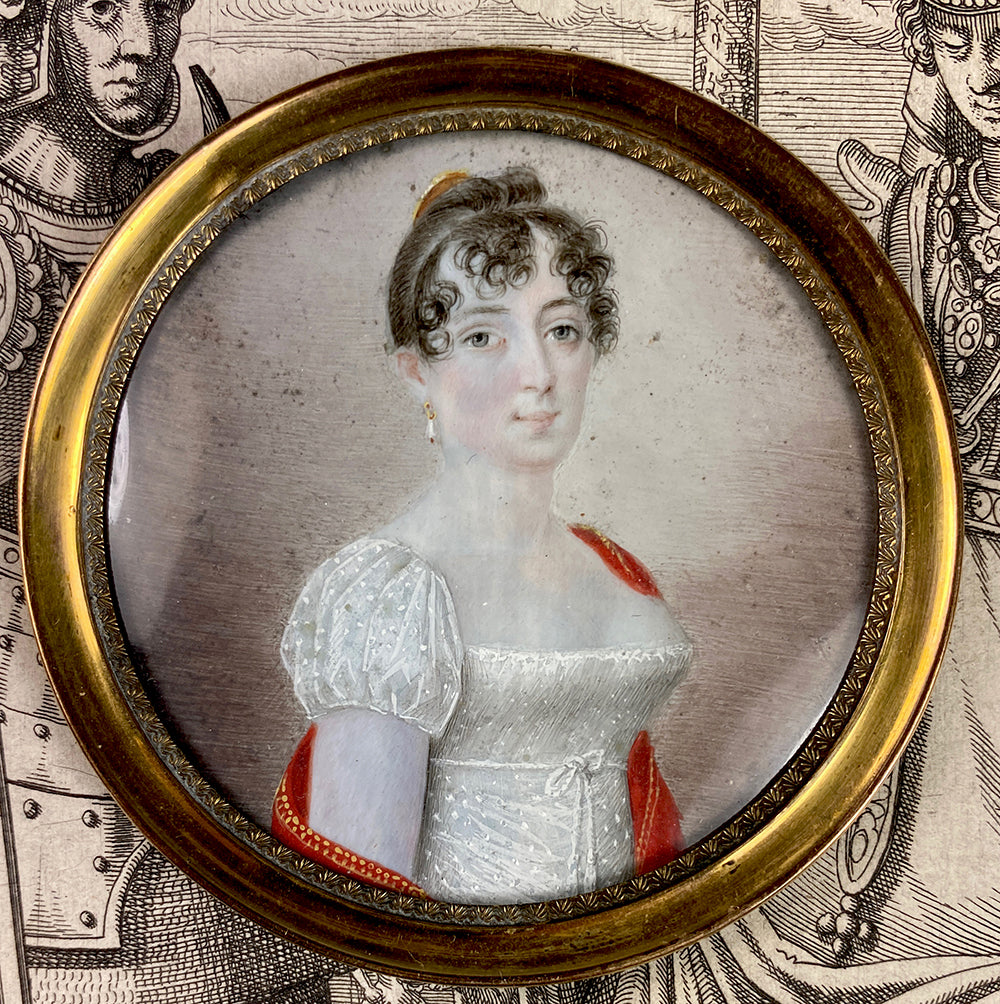 Antique French c. 1790-1810 Portrait Miniature, Beauty with Red Guillotine Shawl