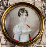 Antique French c. 1790-1810 Portrait Miniature, Beauty with Red Guillotine Shawl