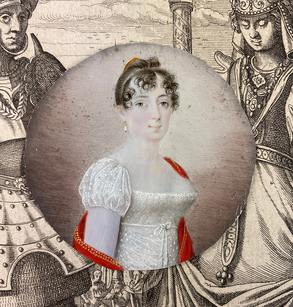 Antique French c. 1790-1810 Portrait Miniature, Beauty with Red Guillotine Shawl