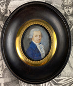 Antique French 18th Century Tiny Portrait Miniature, 12k Gold Plaque Mount, in Frame