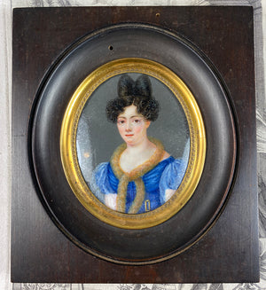 Elegant c.1830s Antique French Portrait Miniature in Frame, Fur Boa, Restauration Era