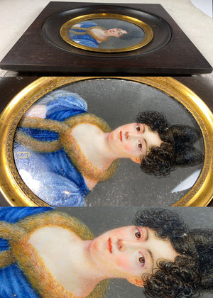 Elegant c.1830s Antique French Portrait Miniature in Frame, Fur Boa, Restauration Era