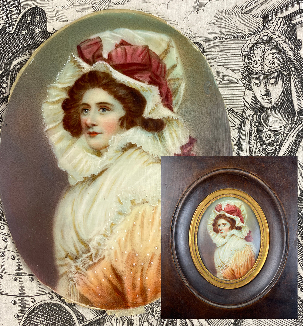 Elegant and Unique French Fashion, Portrait Miniature Young Woman with Bonnet, Lots of Layers