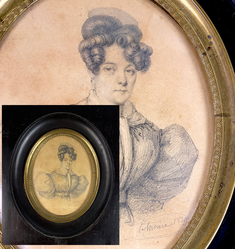 Elegant Antique French c.1829 Artist Signed Drawing Portrait Miniature of a Stylish Woman