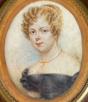 Antique early 19th Century French Portrait Miniature, Blond Woman with Tiara, Necklace, Frame