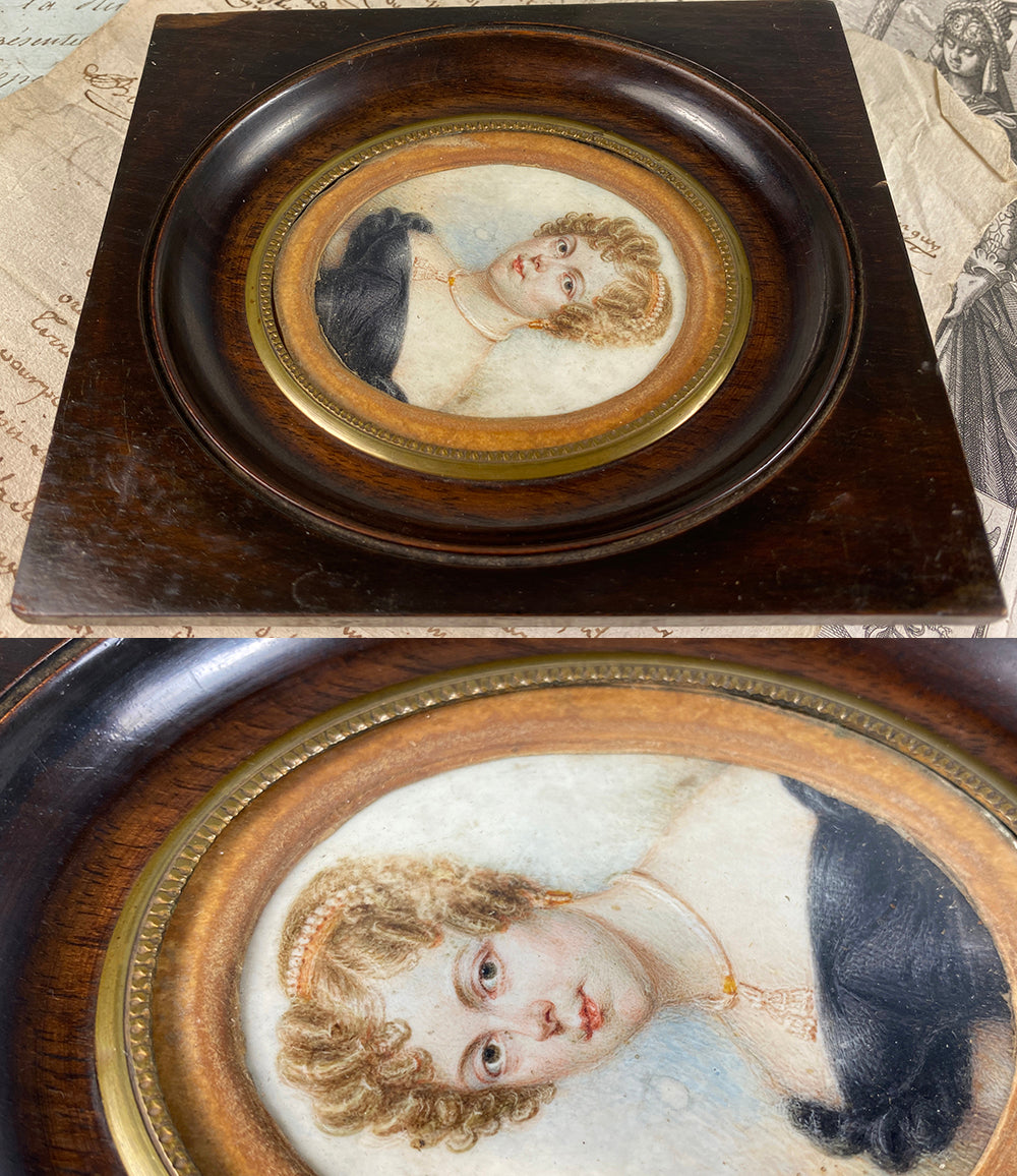 Antique early 19th Century French Portrait Miniature, Blond Woman with Tiara, Necklace, Frame