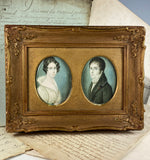 Antique Pair of English Portrait Miniatures, c.1830s, 2 in Wood Frame, Bride and Groom