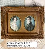 Antique Pair of English Portrait Miniatures, c.1830s, 2 in Wood Frame, Bride and Groom