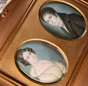 Antique Pair of English Portrait Miniatures, c.1830s, 2 in Wood Frame, Bride and Groom