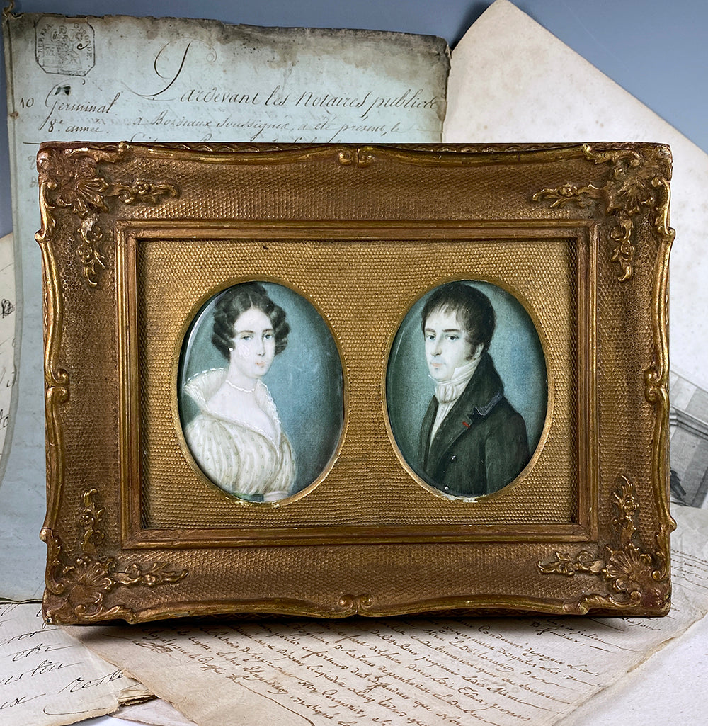 Antique Pair of English Portrait Miniatures, c.1830s, 2 in Wood Frame, Bride and Groom