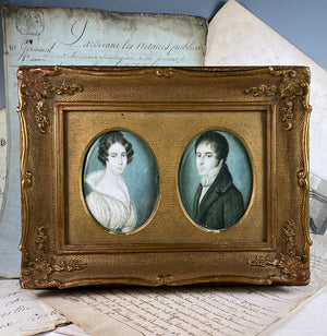 Antique Pair of English Portrait Miniatures, c.1830s, 2 in Wood Frame, Bride and Groom