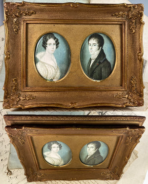 Antique Pair of English Portrait Miniatures, c.1830s, 2 in Wood Frame, Bride and Groom