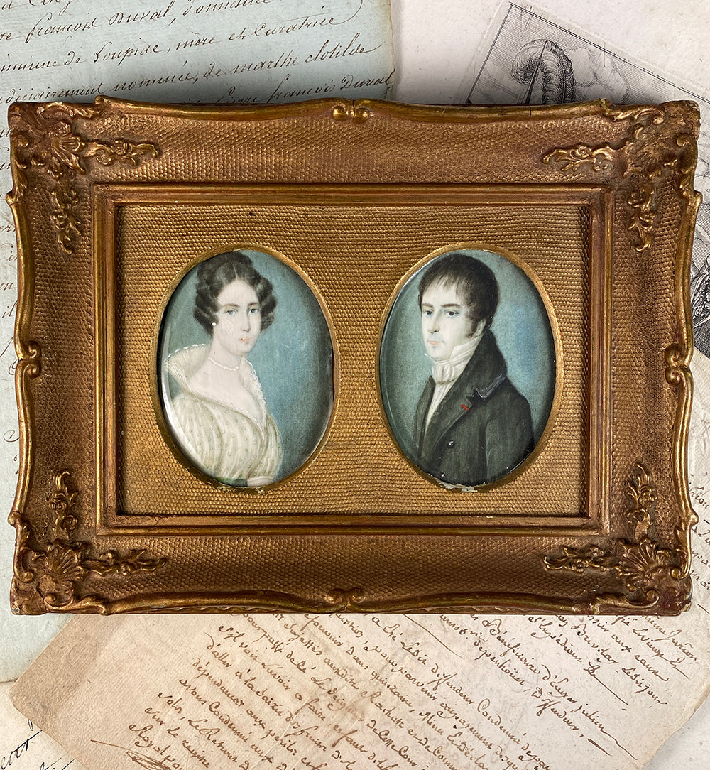 Antique Pair of English Portrait Miniatures, c.1830s, 2 in Wood Frame, Bride and Groom