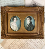 Antique Pair of English Portrait Miniatures, c.1830s, 2 in Wood Frame, Bride and Groom