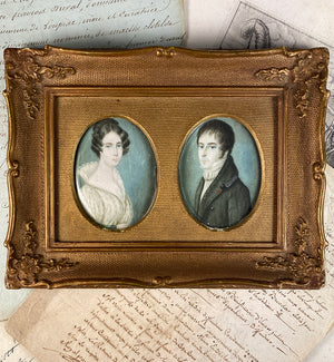 Antique Pair of English Portrait Miniatures, c.1830s, 2 in Wood Frame, Bride and Groom