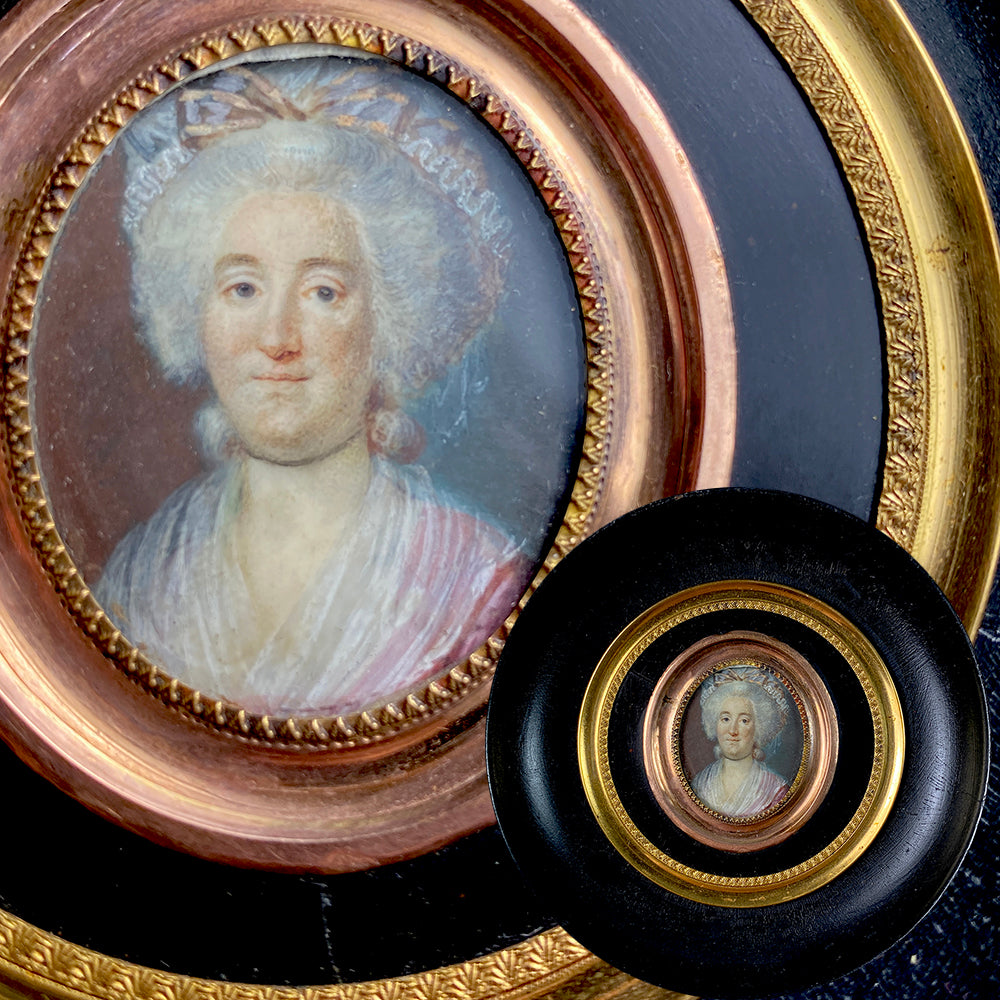 Fine Antique 18th Century French Portrait Miniature, 18k Rose Gold Mat, Wood Frame