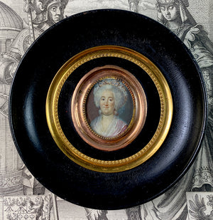 Fine Antique 18th Century French Portrait Miniature, 18k Rose Gold Mat, Wood Frame