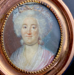 Fine Antique 18th Century French Portrait Miniature, 18k Rose Gold Mat, Wood Frame
