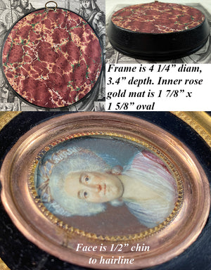 Fine Antique 18th Century French Portrait Miniature, 18k Rose Gold Mat, Wood Frame