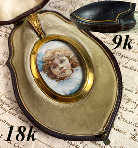 Fine Antique Victorian Portrait Miniature of a Child, 9k Locket, 18k Bale, In Original Box