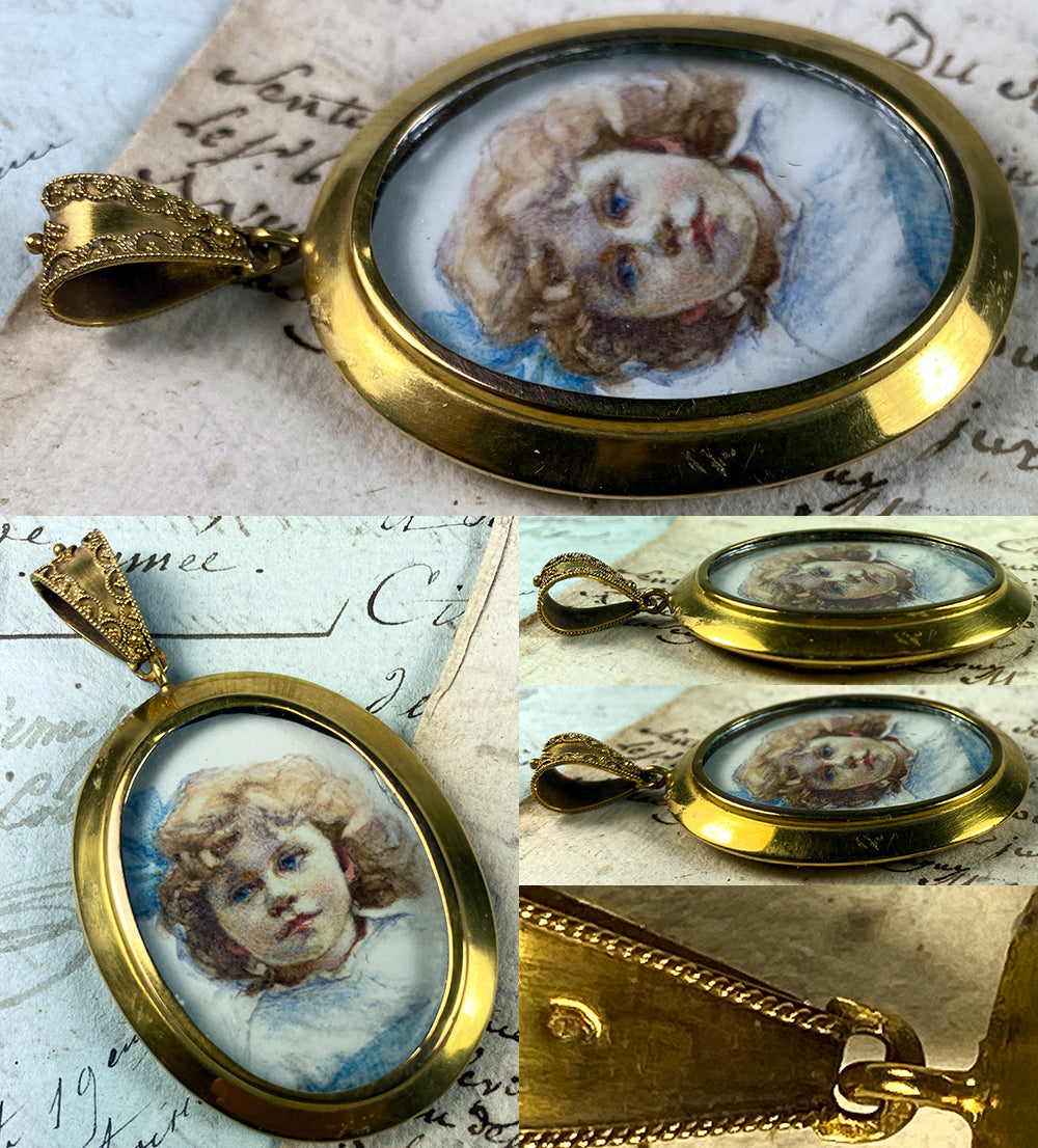 Fine Antique Victorian Portrait Miniature of a Child, 9k Locket, 18k Bale, In Original Box