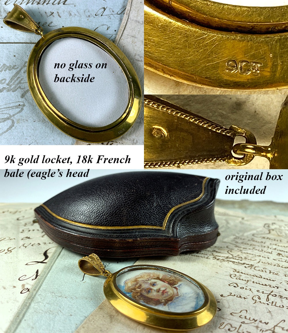 Fine Antique Victorian Portrait Miniature of a Child, 9k Locket, 18k Bale, In Original Box