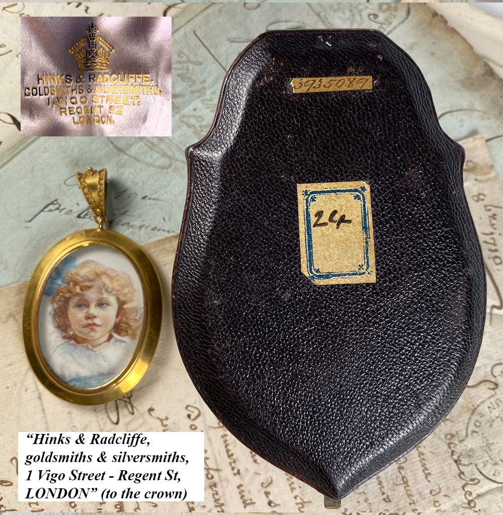 Fine Antique Victorian Portrait Miniature of a Child, 9k Locket, 18k Bale, In Original Box