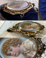 Rare Large 12k Gold Antique Pendant, Brooch, Child Portrait Miniature, Locket Back, Pearls