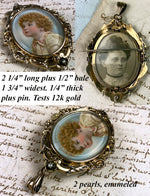 Rare Large 12k Gold Antique Pendant, Brooch, Child Portrait Miniature, Locket Back, Pearls