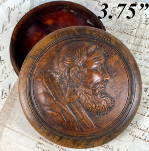 Antique French Hand Carved 3.75" Wood Table Snuff Box, Portrait Miniature Profile