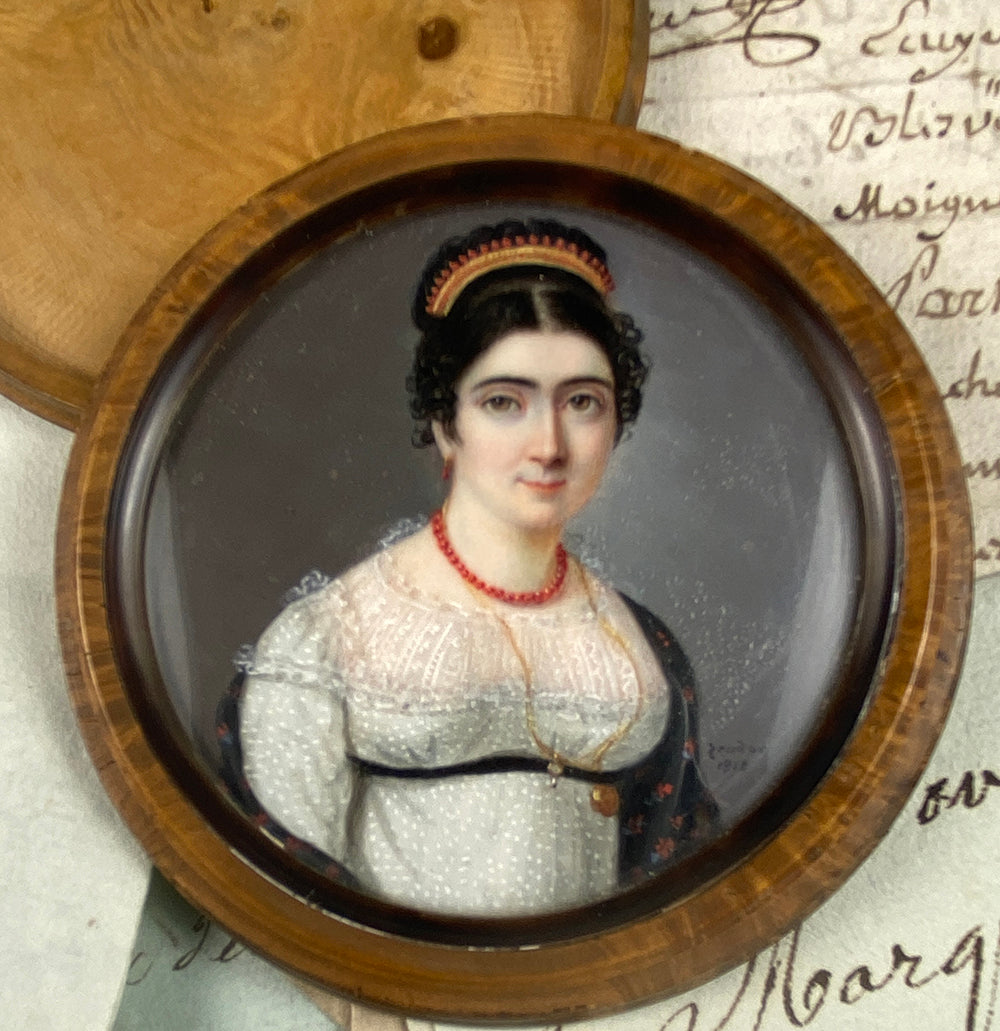 Unique Antique French Empire Portrait Miniature in Burled Wood Case, Like Snuff Box