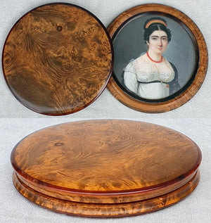 Unique Antique French Empire Portrait Miniature in Burled Wood Case, Like Snuff Box