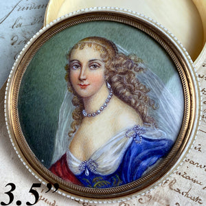 Antique French Portrait Miniature & Ivory Table Snuff or Powder Box, Jar, Beautiful Woman