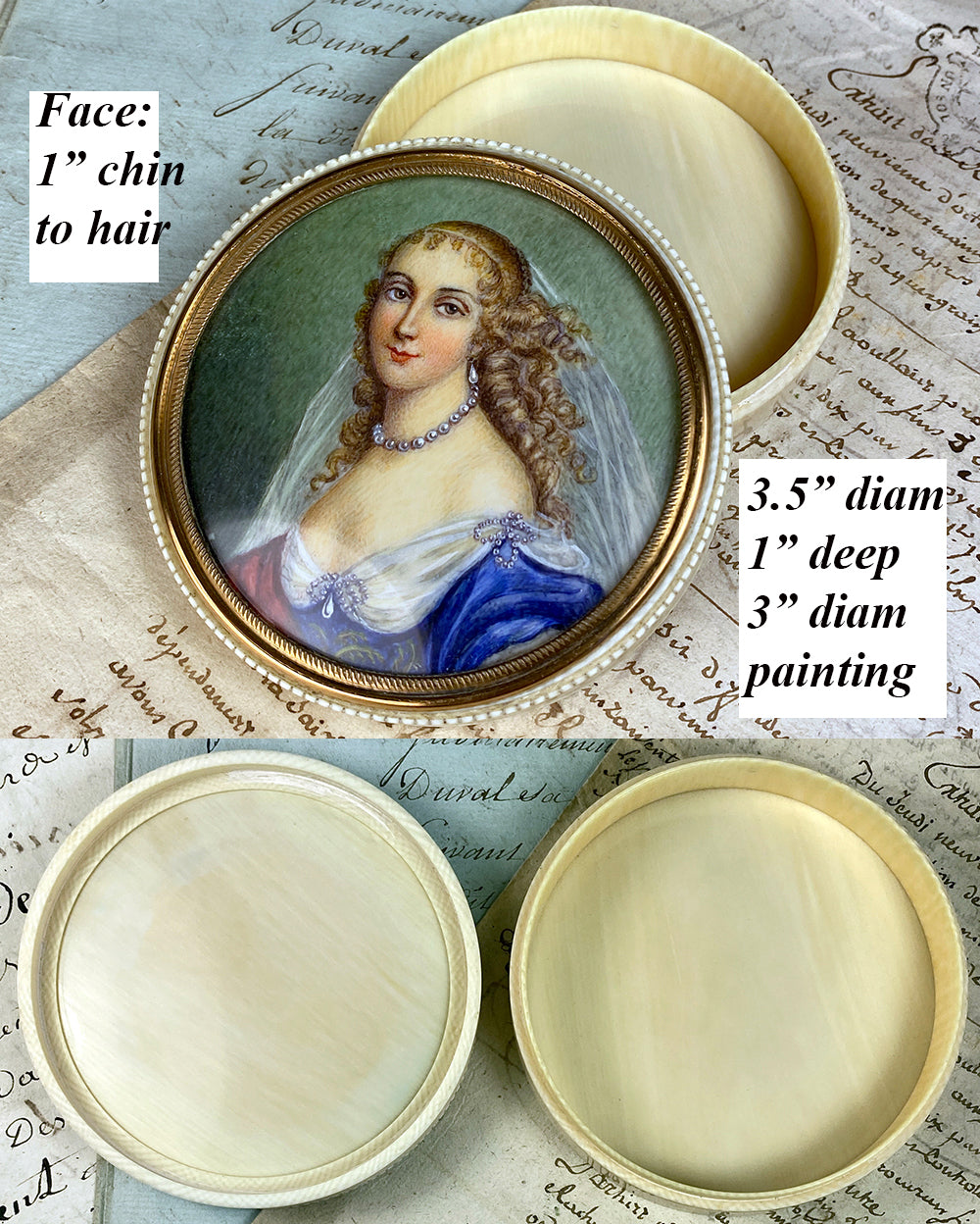 Antique French Portrait Miniature & Ivory Table Snuff or Powder Box, Jar, Beautiful Woman