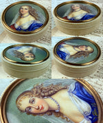 Antique French Portrait Miniature & Ivory Table Snuff or Powder Box, Jar, Beautiful Woman